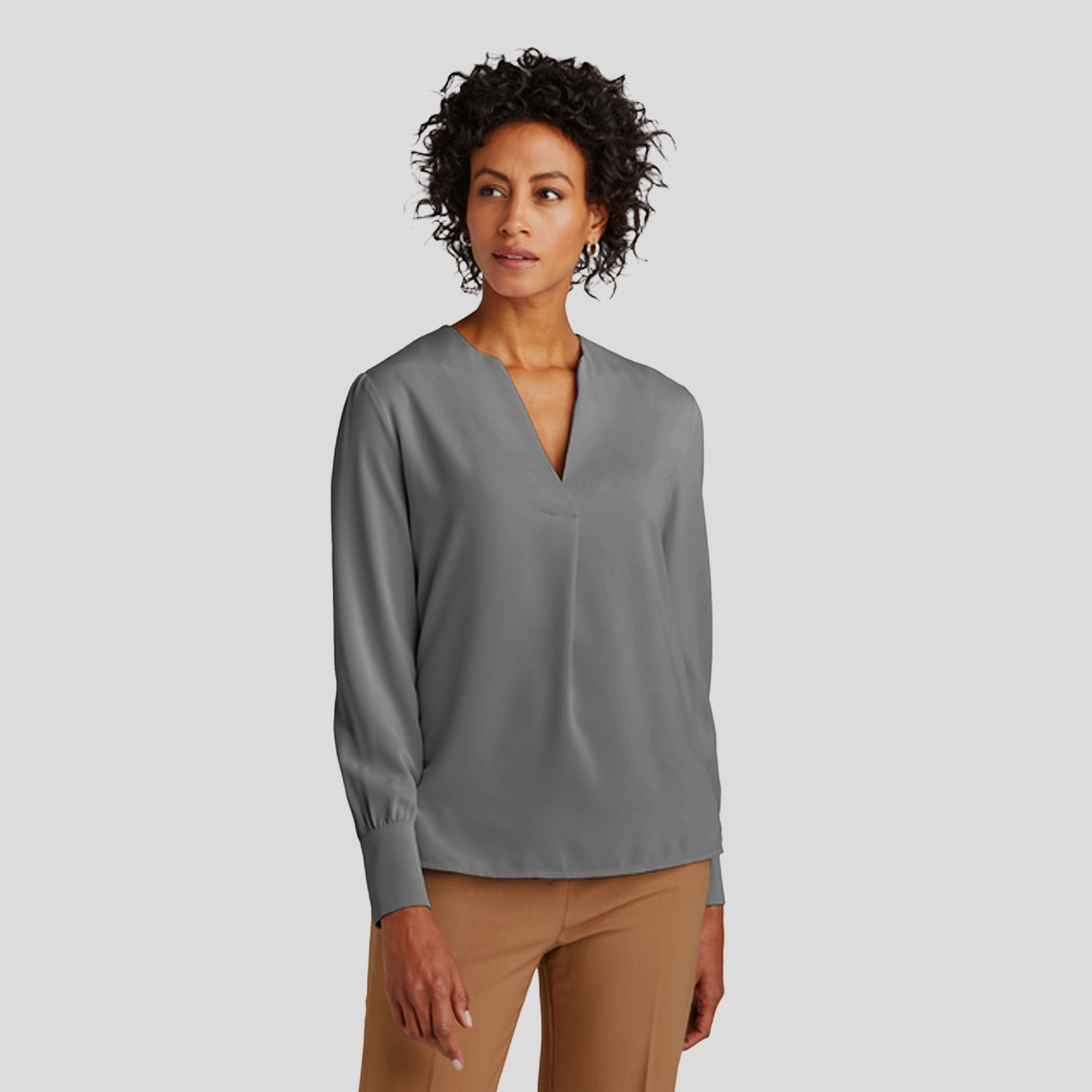 Womenโs Open-Neck Satin Blouse | Shadow Grey